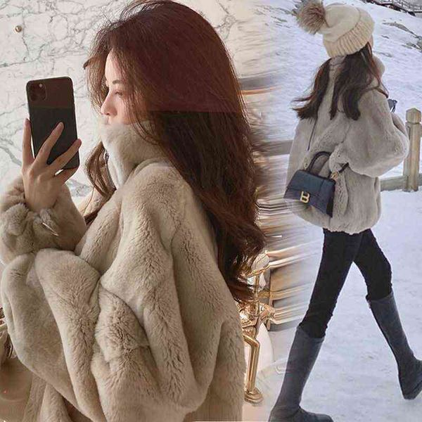 

short hooded lamb fluffy coat women's autumn and winter loose imitation rex rabbit fur plush thickened st collar zipper sweater, Black;white