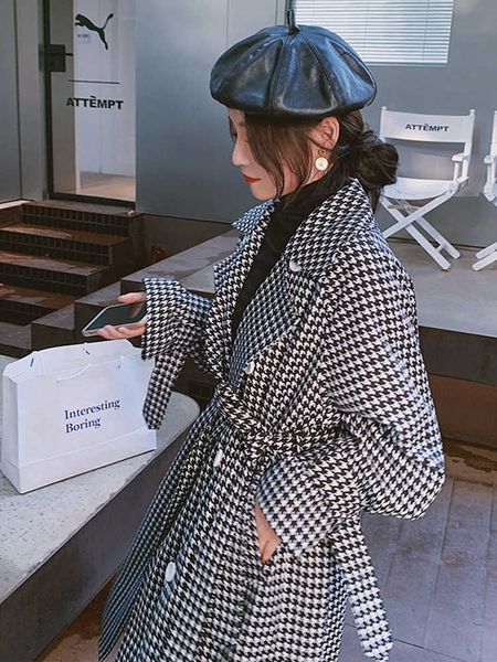 

thousand birds plaid windbreaker women's mid-length autumn style this year's temperament coat 211012, Black