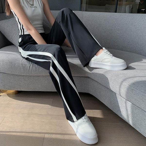 

side color contrast straight suits pants women spring summer 2021 high waist drape trouser plus size fashion women's & capris, Black;white