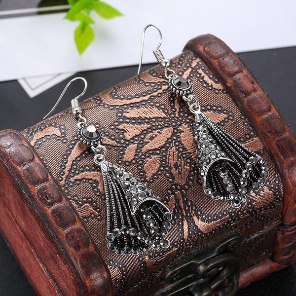 

retro multi-layer inlaid rhinestone earrings chinese style fashion alloy female 7*2.5cm tassel flower qj005 dangle & chandelier, Silver