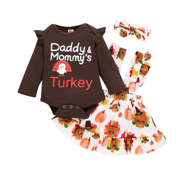 

clothing sets opperiaya baby girls long-sleeve ruffle bodysuit suspender skirt bow headband thanksgiving theme printing autumn, White