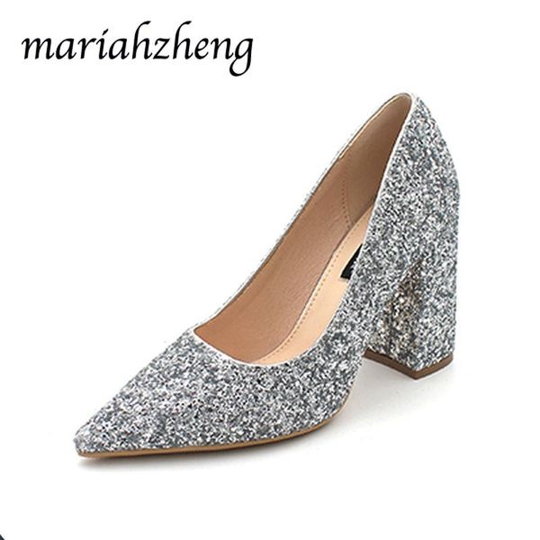 

dress shoes meriahzheng 9cm gold thick heel sequin wedding 2021 bride crystal single tws, Black