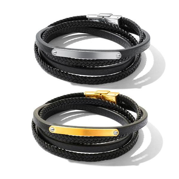 

tennis multi layer woven titanium steel leather bracelet with black rope, Golden;silver