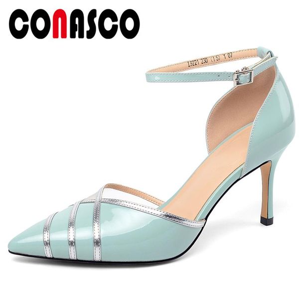 

dress shoes conasco cow patent leather women casual wedding party fretwork ankle strap slim high heel shallow mature woman, Black