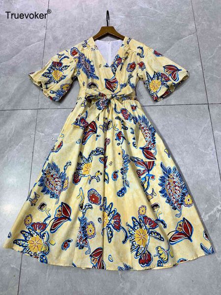 

truevoker european high street cottagecor cotton dress lady puff sleeve yellow print resort midi long party robe 210602, Black;gray