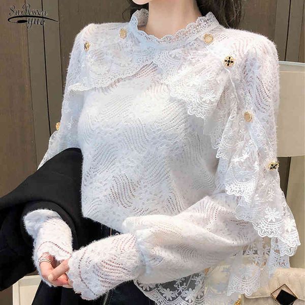 

spring crochet lace blouse women casual chic floral ladies office shirt white apricot long sleeve blusas 13025 210521