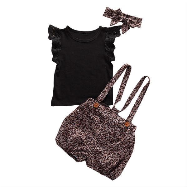 

1 5years summer kid baby girls clothes sets leopard print lace sleeve t shirts bib strap shorts headband 3pcs, White