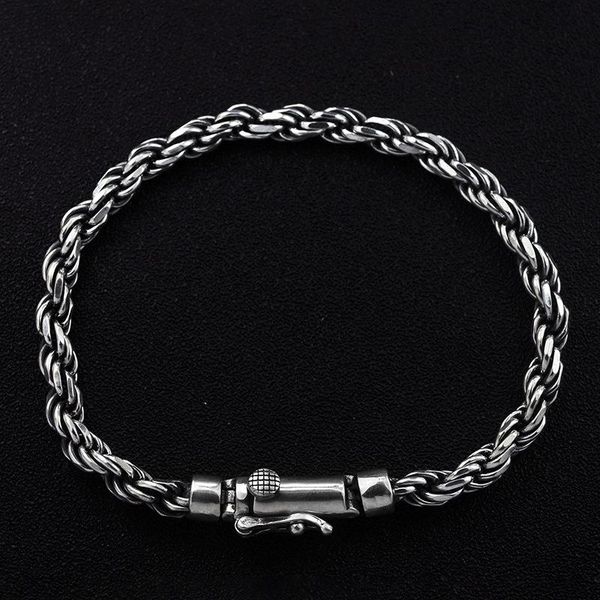 

link, chain real 925 sterling silver bracelets weave braided wire with toggle clasp double safe 17-21cm retro punk for men jewelry, Black