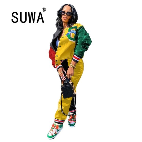 

cool girl fall winter two piece outfits for women matching sets zipper long sleeve coats bomber jacket baggy pants k-pop style 210525, White