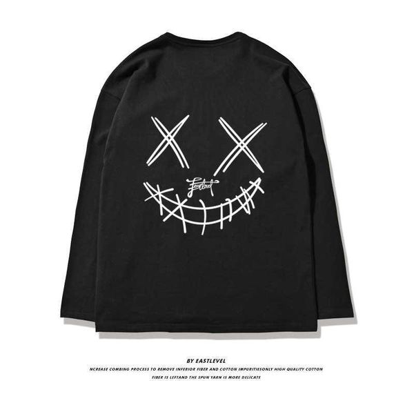 

zues men's devil smile long sleeve fashion brand printing trend loose casual street hip hop t-shirt, White;black