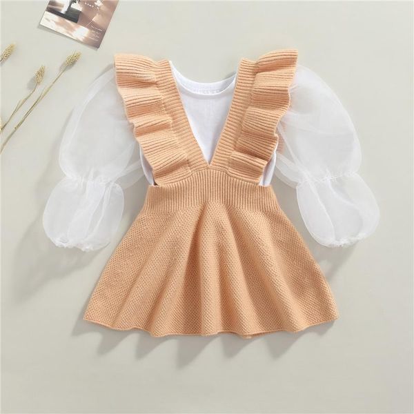 

clothing sets little girls est two pieces skirt suit fashion solid color mesh puff long sleeve and knitted suspender skirt, 1-7years, White