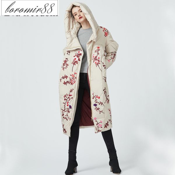 

2021 winter women's coat hooded fashion embroidered plum blossom down jacket thickened long, Black