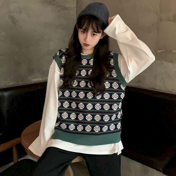 

women's vests retro o-neck vest women knitted striped jacket for korean style oversized clothes sleeveless tiktok young ins jackets, Black;white