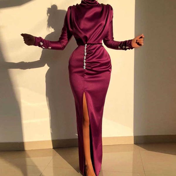 

long sleeve autumn women diamond embellished long dres's high collar dress solid elegant dress 210603, Black;gray