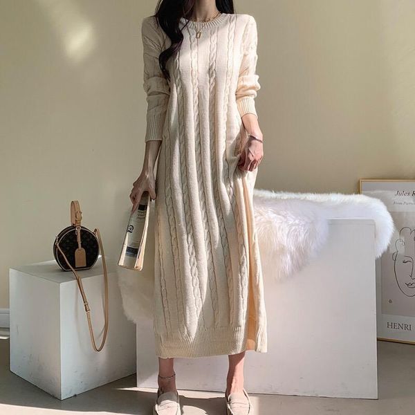 

women's sweaters women casual sweater dress 2021 korean style chic o-neck twist knit elegant solid color long-sleeved dresses female 5a, White;black