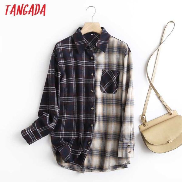 

tangada women patchwork oversized plaid thick blouse long sleeve chic female casual loose shirt bc32 210609, White