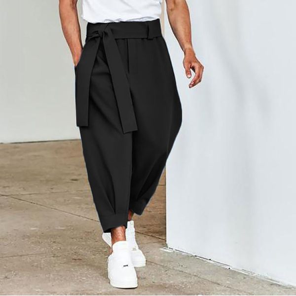 

men's pants harem men casual hip hop trousers cross bloomers calf-length joggers streetwear nine-point tie-leg, Black