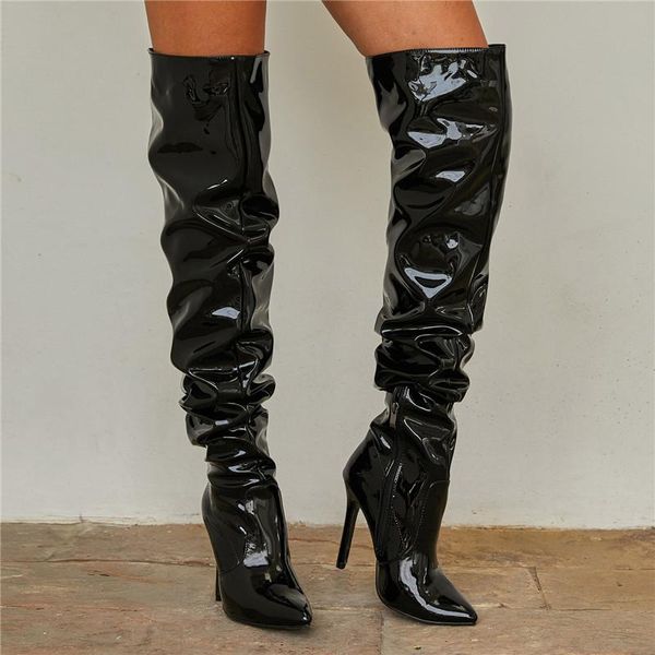 

thigh high boots fashion patent leather pointed toe zip female stiletto heels pleated design women's shoes drop ship, Black