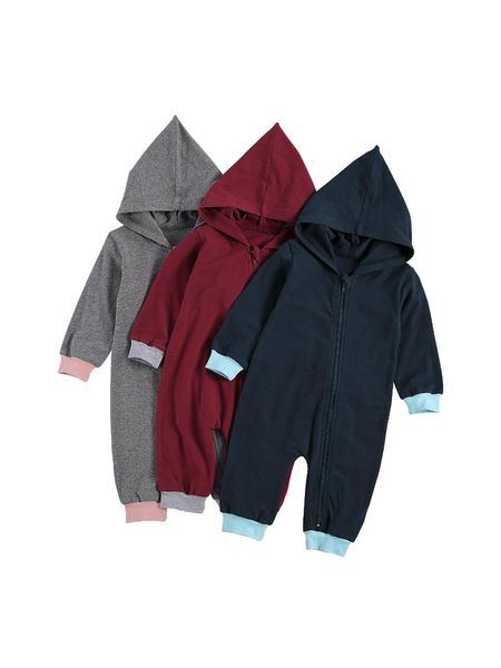 

baby girls boys solid color bodysuit, long sleeve hooded zipper collar trousers for spring and autumn jumpsuits, Blue
