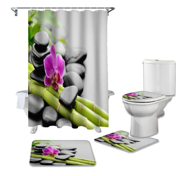 

shower curtains orchid basalt stone bamboo durable waterproof curtain set bathroom rugs carpet toilet seat cover pad floor mat