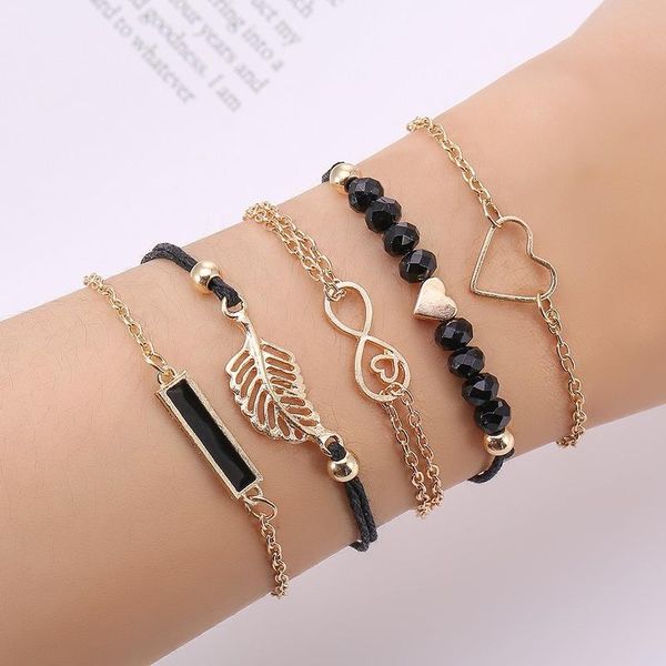 

link, chain hollow leaf peach heart gold ed metal bracelets for women bohemian geometric jewelry crystal beads bracelet set, Black