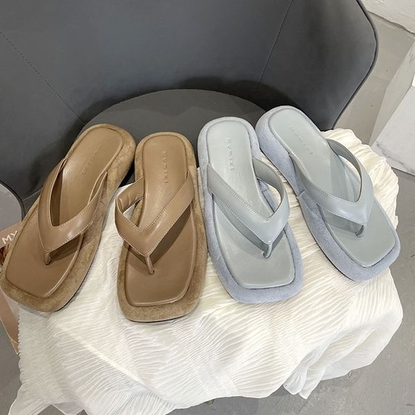 

sandals square toe platform slippers women summer thick bottom clip beach flip flop woman comfort flat heel b5oj, Black