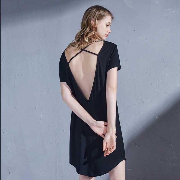 

women's sleepwear summer women black short sleeve backless skirt loose thin soft modal sleep-dress comfort spring fall household dress, Black;red