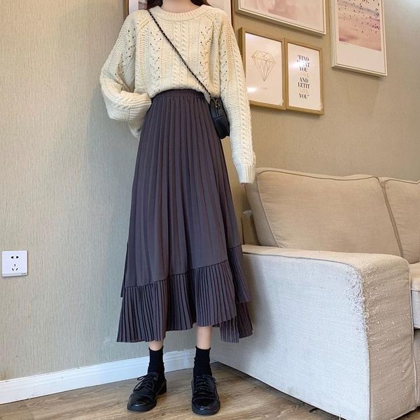 

skirts solid color elastic high waist skirt stitching ruffled irregular pleated womens 2021 fashion summer autumn 21062, Black