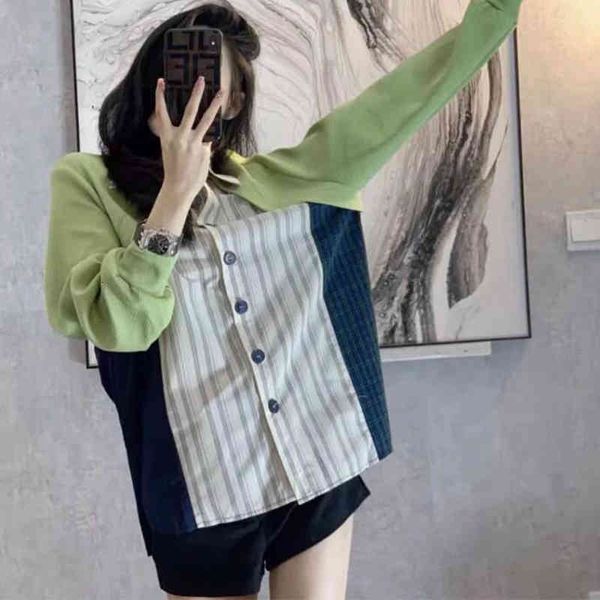 

women's blouses & shirts irmÃ£ fara blusa feminina manga longa listrada, patchwork chique, longa, gola virada para outono 2wei, White