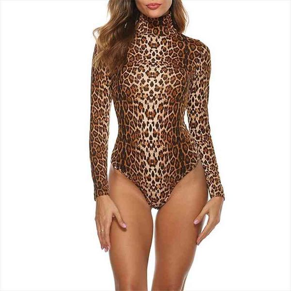 

fashion leopard bodysuit body womens jumpsuit suit turtleneck long sleeve bodycon skinny playsuit printed romper, Black;white