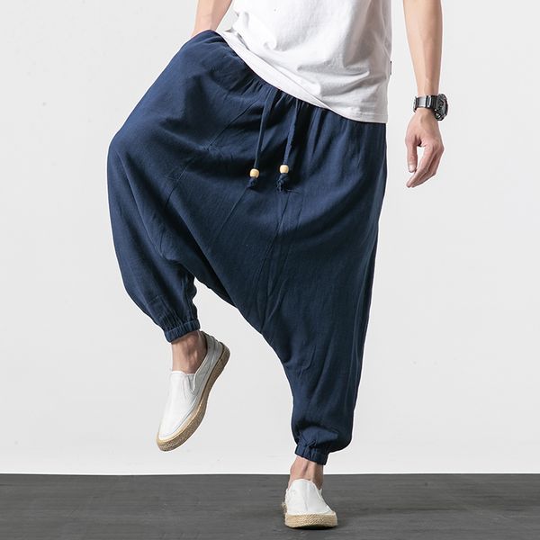 

m-5xl elastic waist linen trousers summer casual japanese streetwear drop crotch pants plus size 4xl workout fashion man pant, Black
