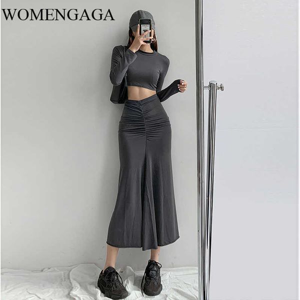 

womengaga pleated skirt street s a-line hip slim mid length long + simple stretch t-shirt autumn ha30 210603, White