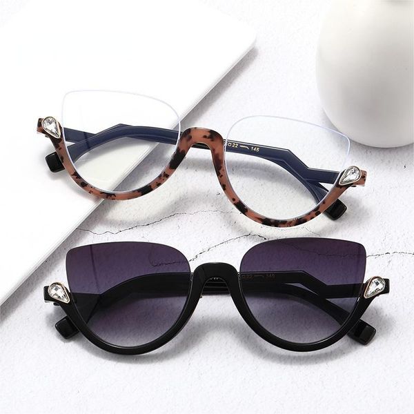 

sunglasses fashion half frame cat eye luxury diamond women gradient mirror eyewear vintage men anti-blu-ray glasses, White;black