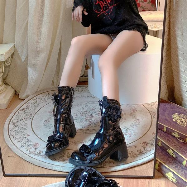 

boots sweet women's black mid-calf round toe high heels patent leather shoes butterfly-knot decor lolita m50