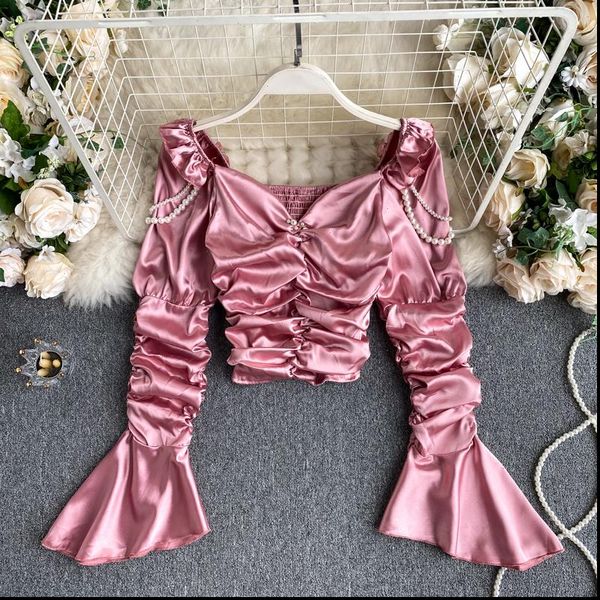 

fashion high street pleated women shirts short square neck long flare sleeve pearl shirt p541, White