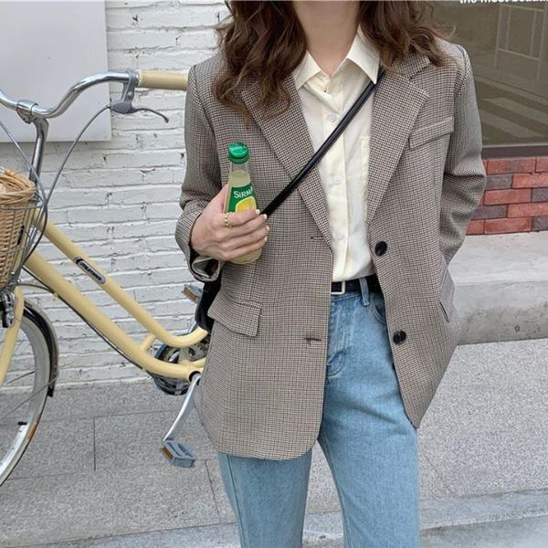 

women's suits & blazers hzirip retro houndstooth plus size elegant high street 2021 autumn chic plaid gentle lady slim loose women coat, White;black