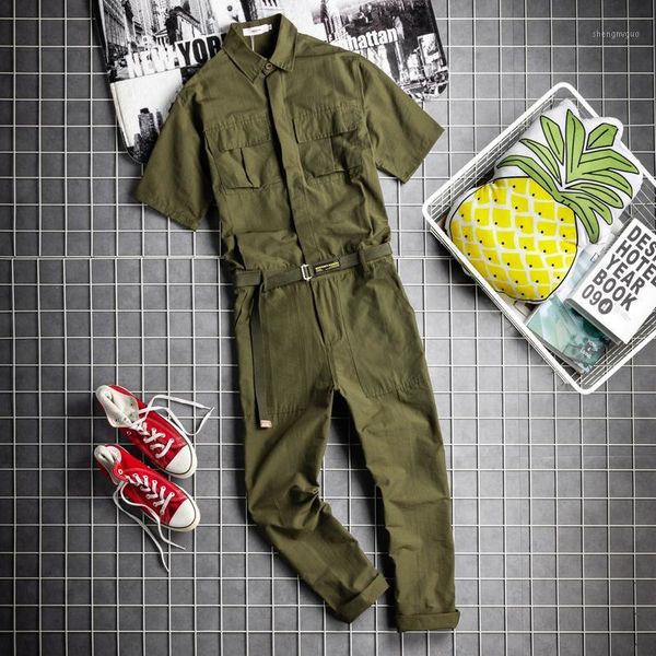 

men's summer short sleeve safari style overalls green black casual pants f3
