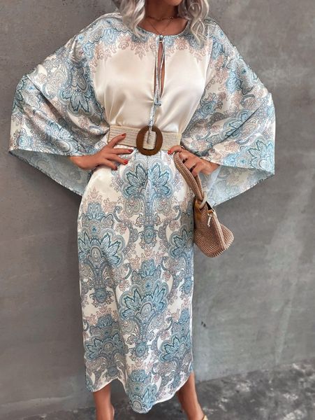 

graphic print knot front batwing sleeve dress without belt t9o8#, Black;gray