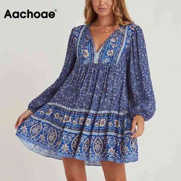 

women boho floral print summer lantern long sleeve loose mini dress ladies v neck holiday beach dresses vestidos 210413, Black;gray
