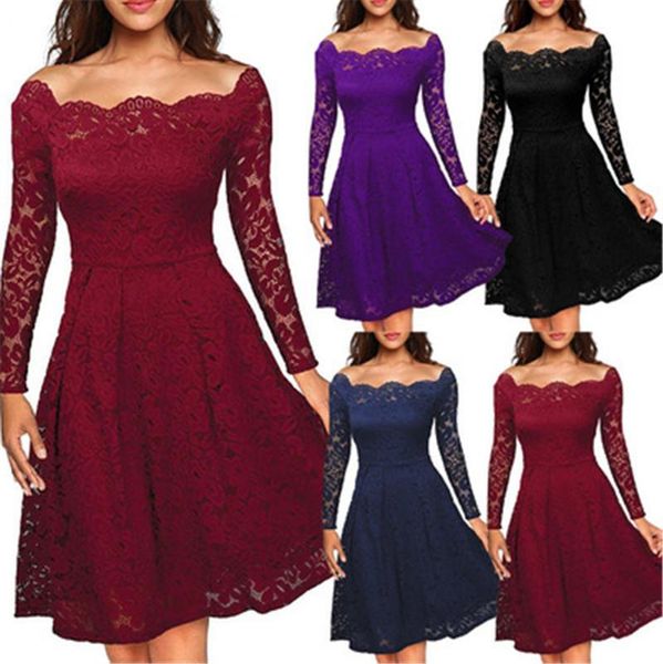 

casual dresses elegant fashion harajuku party a-line solid vestidos hollow out autumn lace office lady slash neck plus size dress women, Black;gray