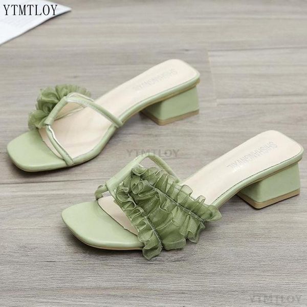 

shoes square toe woman's slippers female beach slides fashion luxury summer heel ytmtloy zapatillas casa mujer, Black