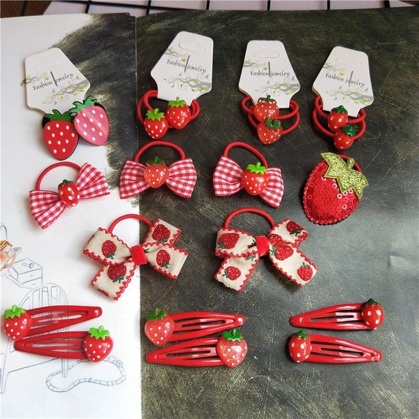 

2pcs/set spring/summer ins 2021 spring strawberry hairpin hair ring girls baby cute bow accessories lolit kc princess gift, Slivery;white