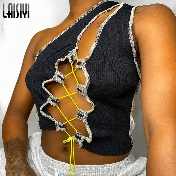 

women's tanks & camis laisiyi club lace up off shoulder sleeveless solid tank women fashion summer one hollow out crop top, White