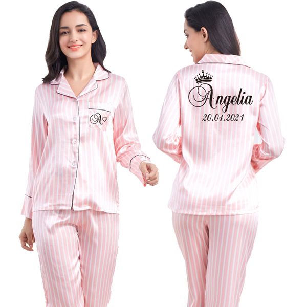 

20212 piece personalized name women sleepwear faux silk satin pajamas set long sleeve sleepwear pajamas suit female homewear, Black;red