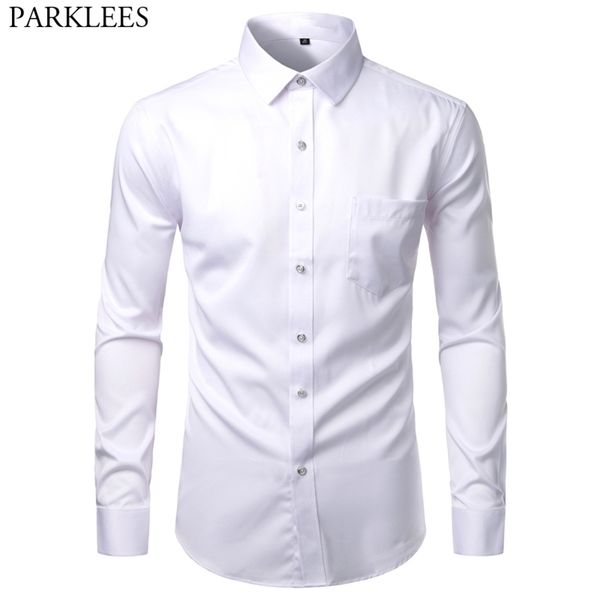 

mens white bamboo fiber dress shirts slim fit wrinkle casual chemise non iron easy care elastic wedding working 210721, White;black