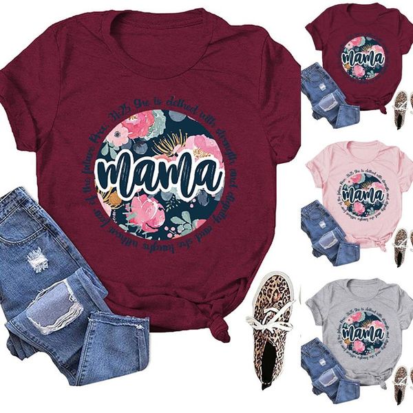 

women's t-shirt loose casual floral mother's day mama letter print short sleeve blusas 2021, White