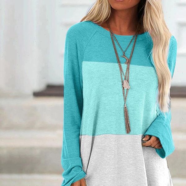 

feitong stripes women shirt color block tunic blouse plus size long sleeve o neck tees casual loose blouses, White