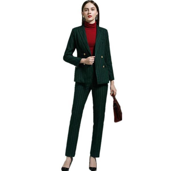 

women's two piece pants professional green stripes suit feminine ladies double breasted blazer office work clothes 2-piece, White