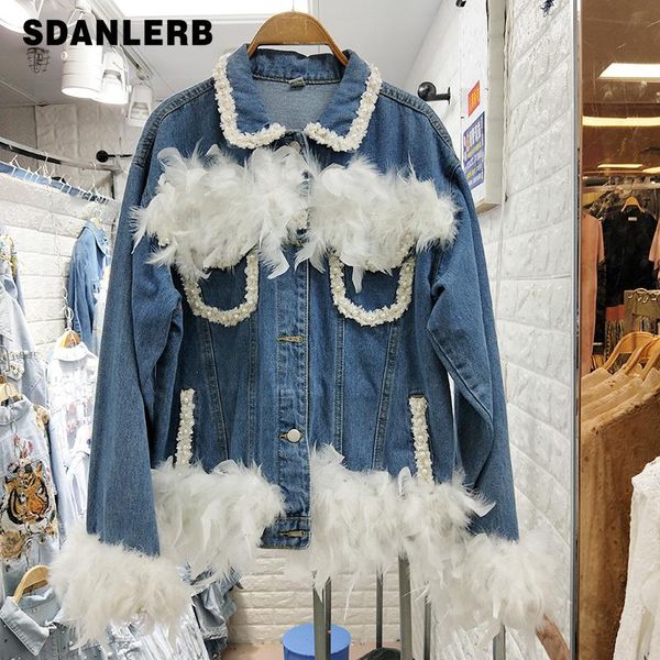 

autumn female clothes korean style loose denim jacket women fashion beaded feather tassel jeans coat lady jackets women's, Black;brown
