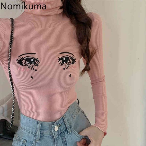 

nomikuma pink sweet turtleneck sweater women korean style outerwears stretch slim short long sleeve pullovers jumpers 3d761 210514, White;black